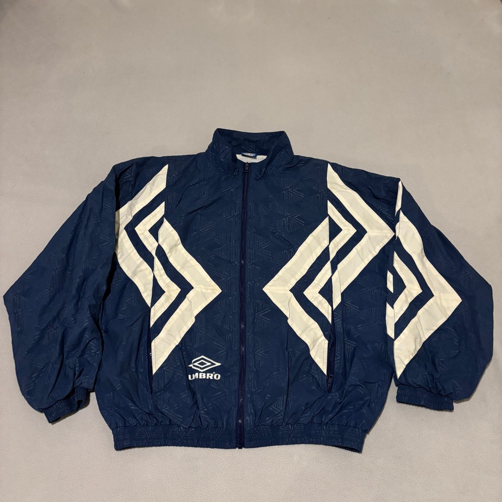 Vintage Umbro Windbreaker Jacket Navy Blue White Geometric XL Full Zip Coat AOP